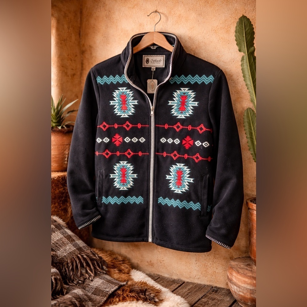 NWT OUTBACK TRADING COMPANY Santa Fe Fleece Aztec Tribal Embroidered, Black, M